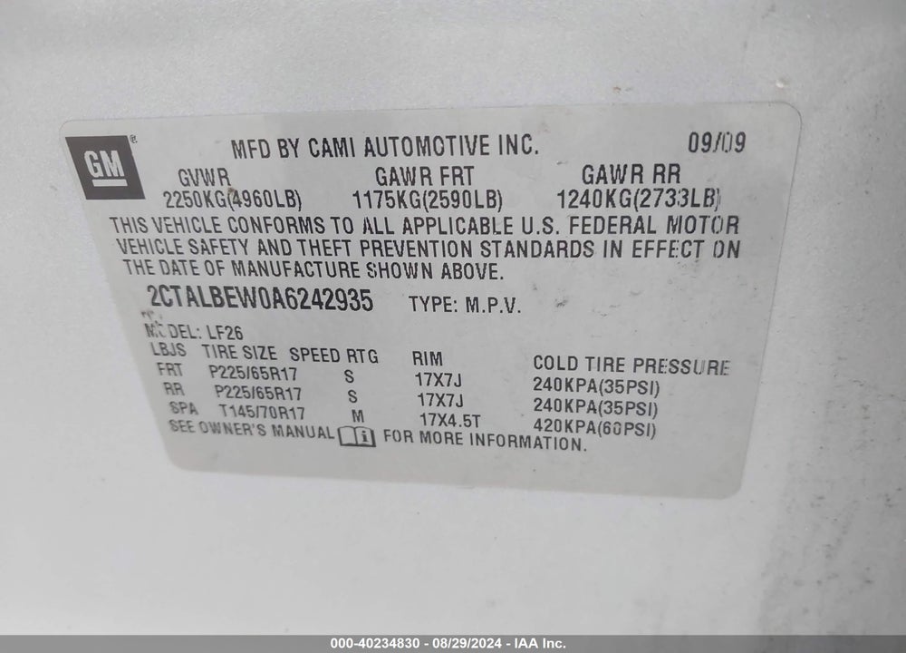 2010 GMC TERRAIN VIN: 2CTALBEW0A6242935