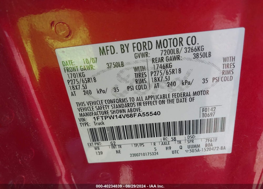 2008 FORD F-150 XLT VIN: 1FTPW14V68FA55540