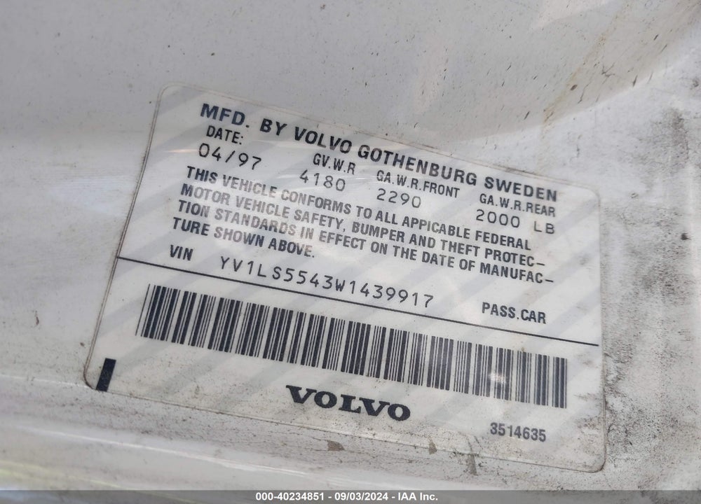1998 VOLVO S70 GTAS/GTMS VIN: YV1LS5543W1439917