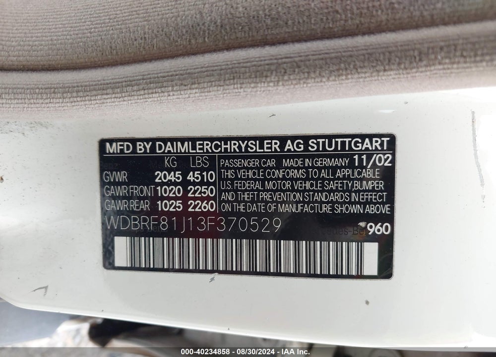 2003 MERCEDES-BENZ C 240 VIN: WDBRF81J13F370529