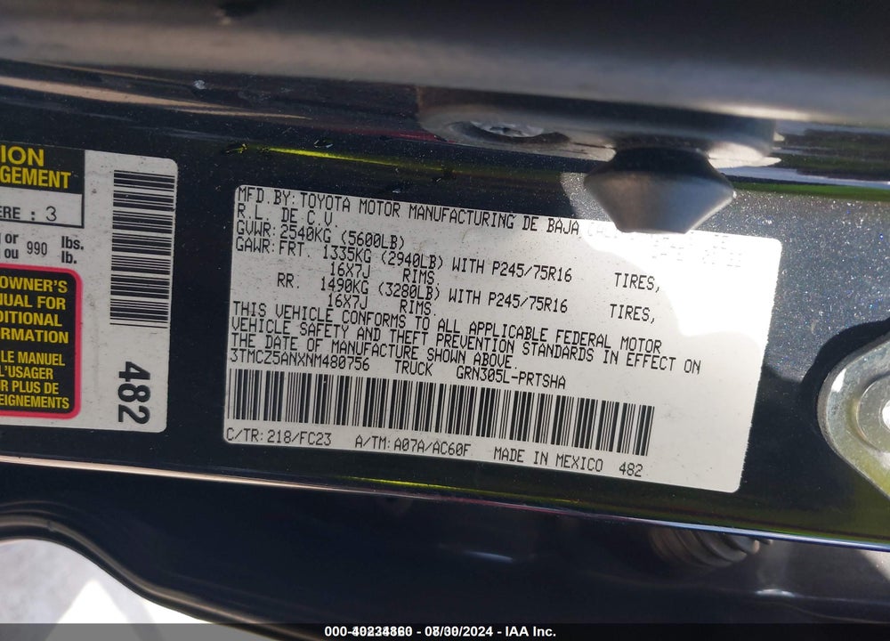 2022 TOYOTA TACOMA SR5 V6 VIN: 3TMCZ5ANXNM480756
