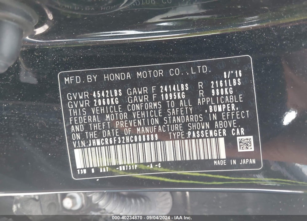 2017 HONDA ACCORD HYBRID VIN: JHMCR6F32HC008889