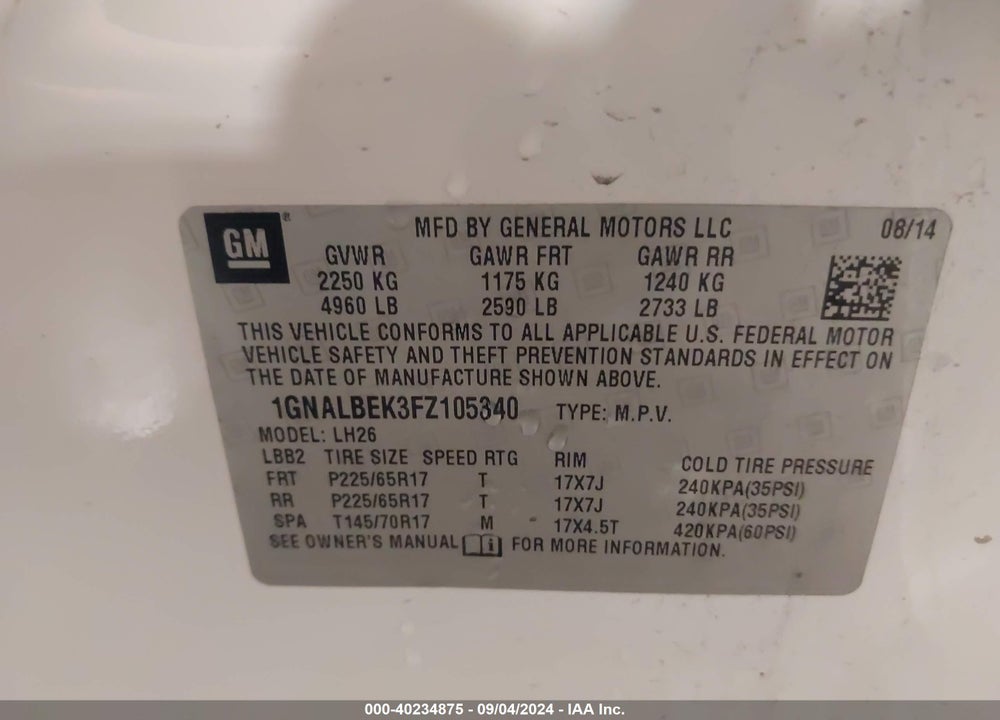2015 CHEVROLET EQUINOX 1LT VIN: 1GNALBEK3FZ105340