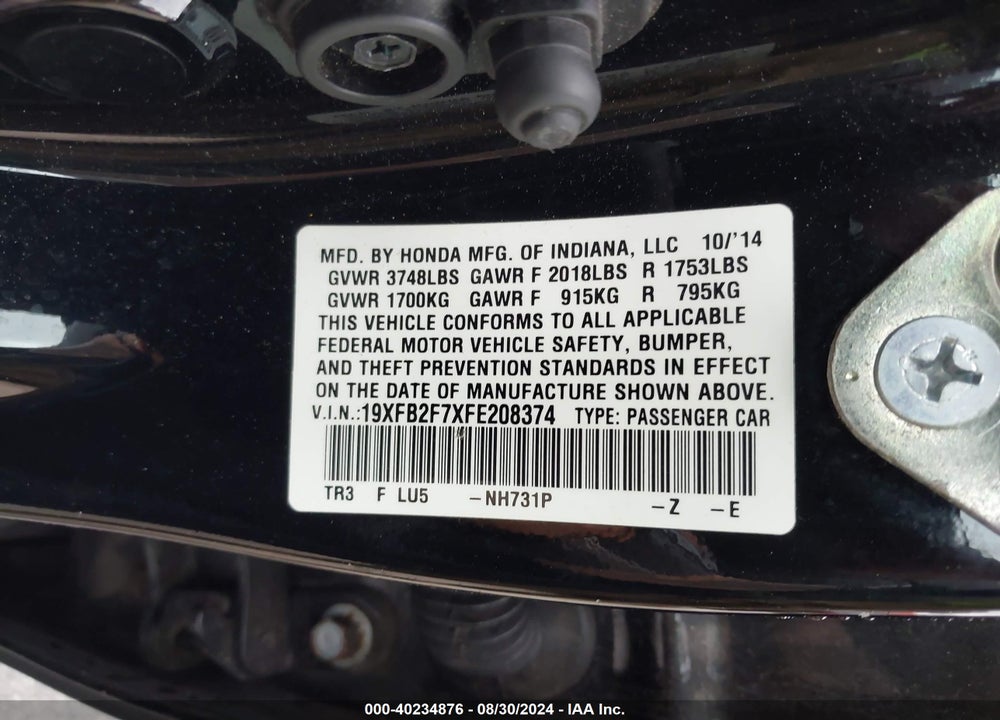 2015 HONDA CIVIC SE VIN: 19XFB2F7XFE208374
