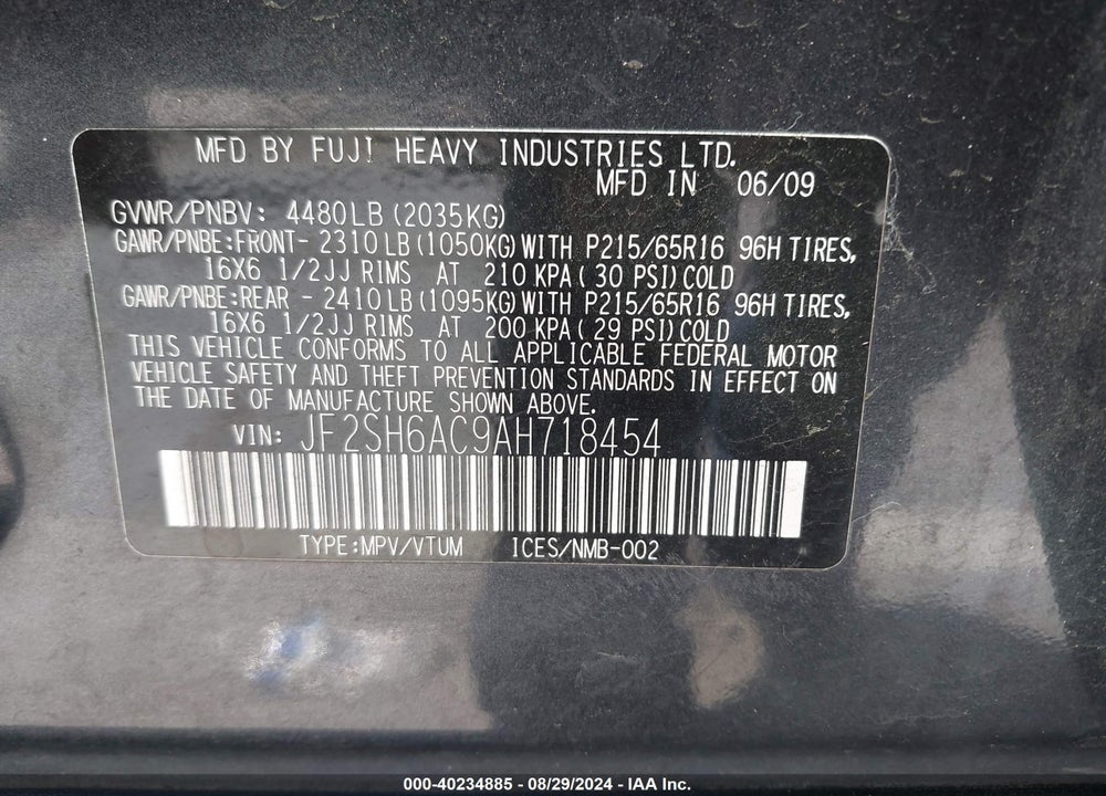 2010 SUBARU FORESTER 2.5X VIN: JF2SH6AC9AH718454