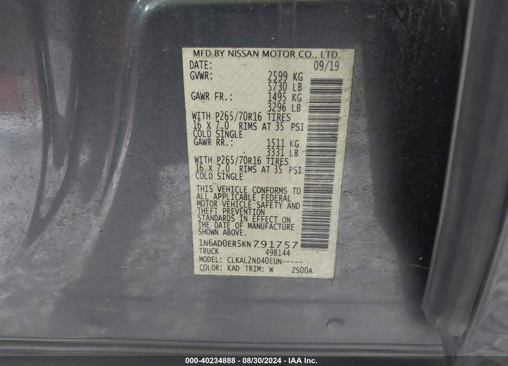 2019 NISSAN FRONTIER SV VIN: 1N6AD0ER5KN791757