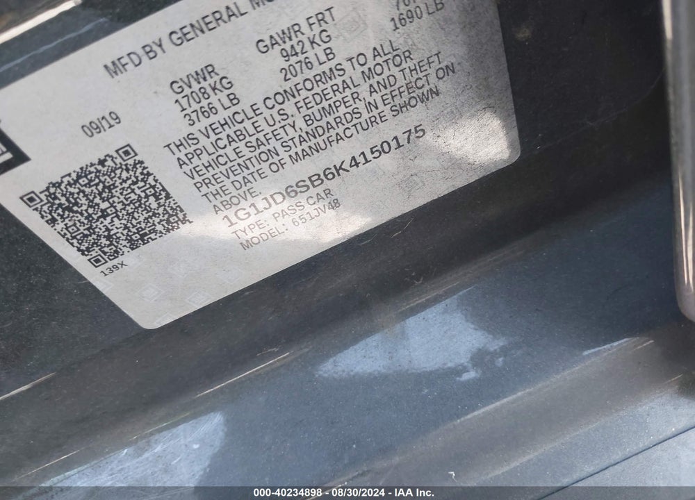 2019 CHEVROLET SONIC LT AUTO VIN: 1G1JD6SB6K4150175