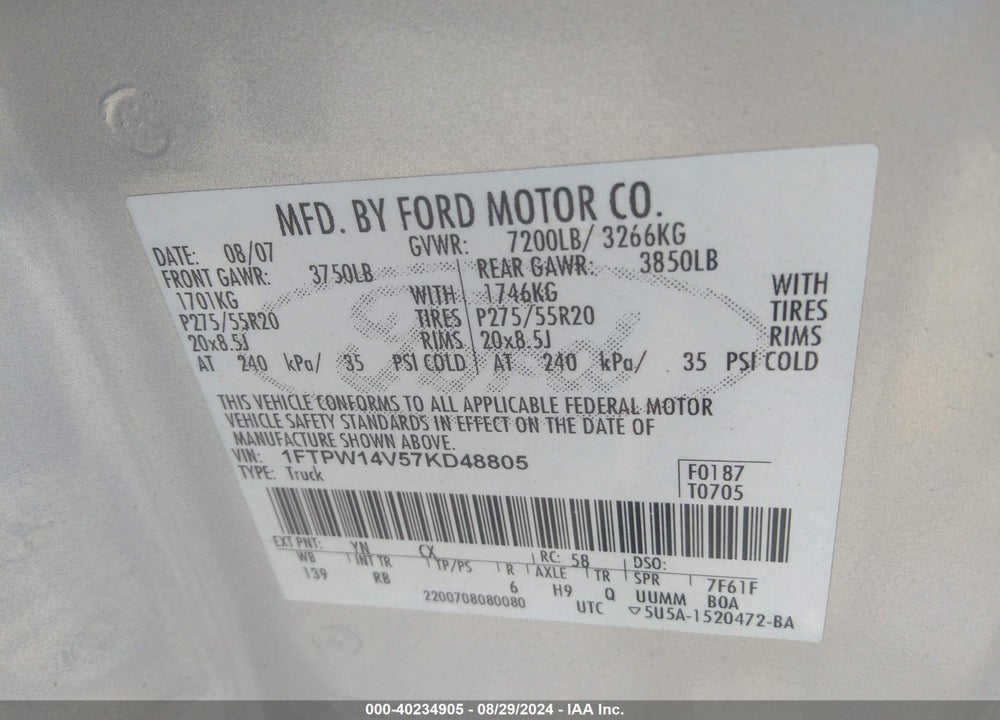 2007 FORD F-150 FX4/LARIAT/XLT VIN: 1FTPW14V57KD48805