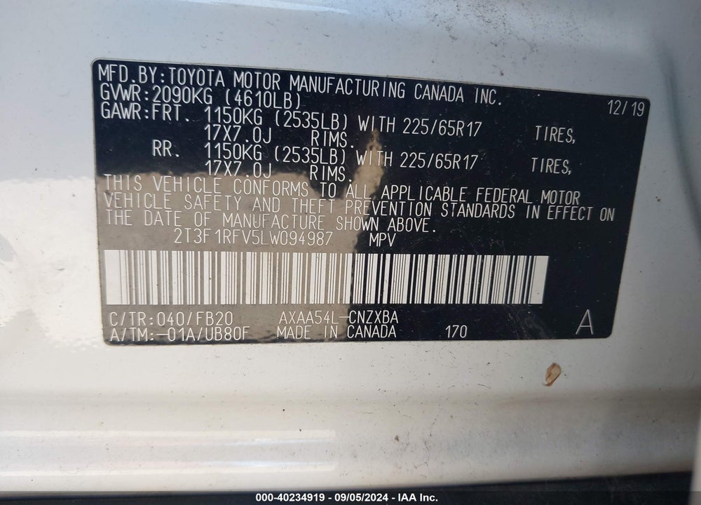2020 TOYOTA RAV4 LE VIN: 2T3F1RFV5LW094987