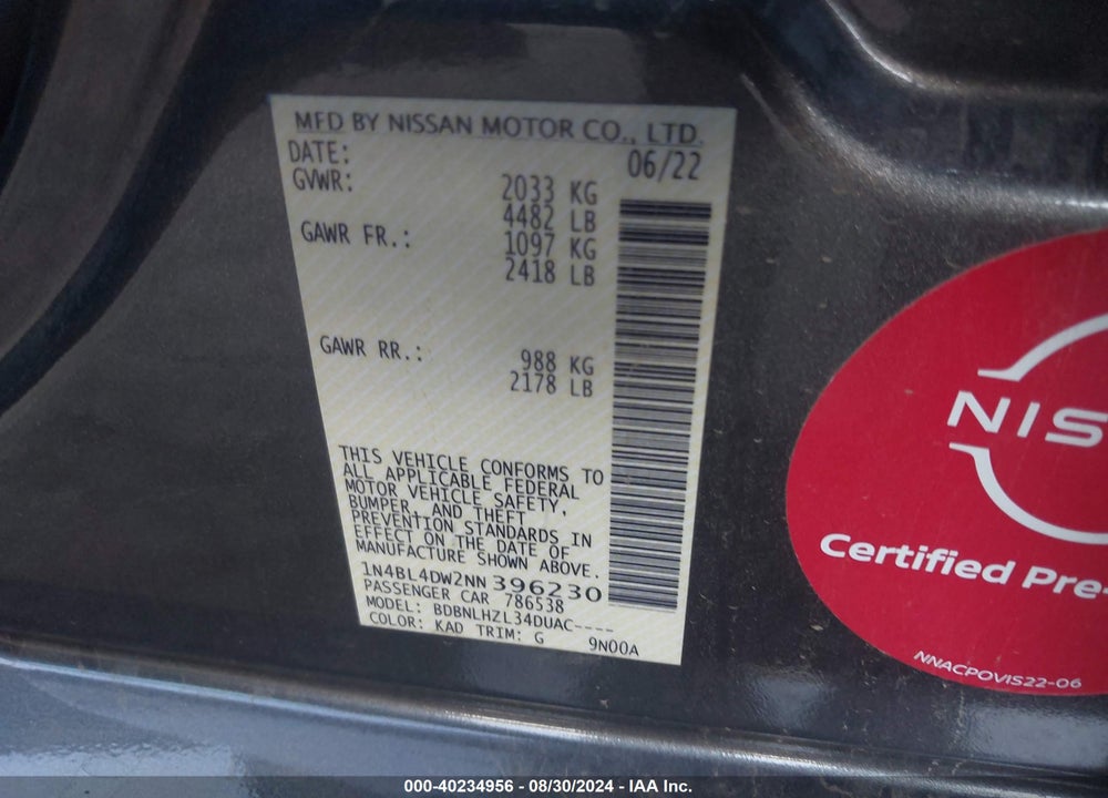 2022 NISSAN ALTIMA SV INTELLIGENT AWD VIN: 1N4BL4DW2NN396230