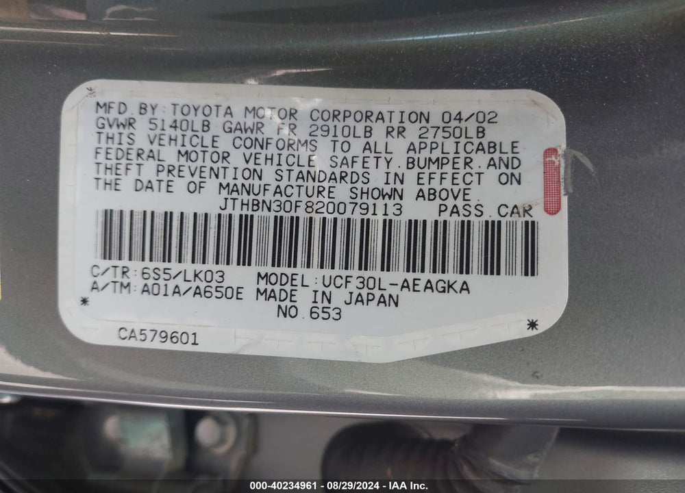 2002 LEXUS LS 430 VIN: JTHBN30F820079113