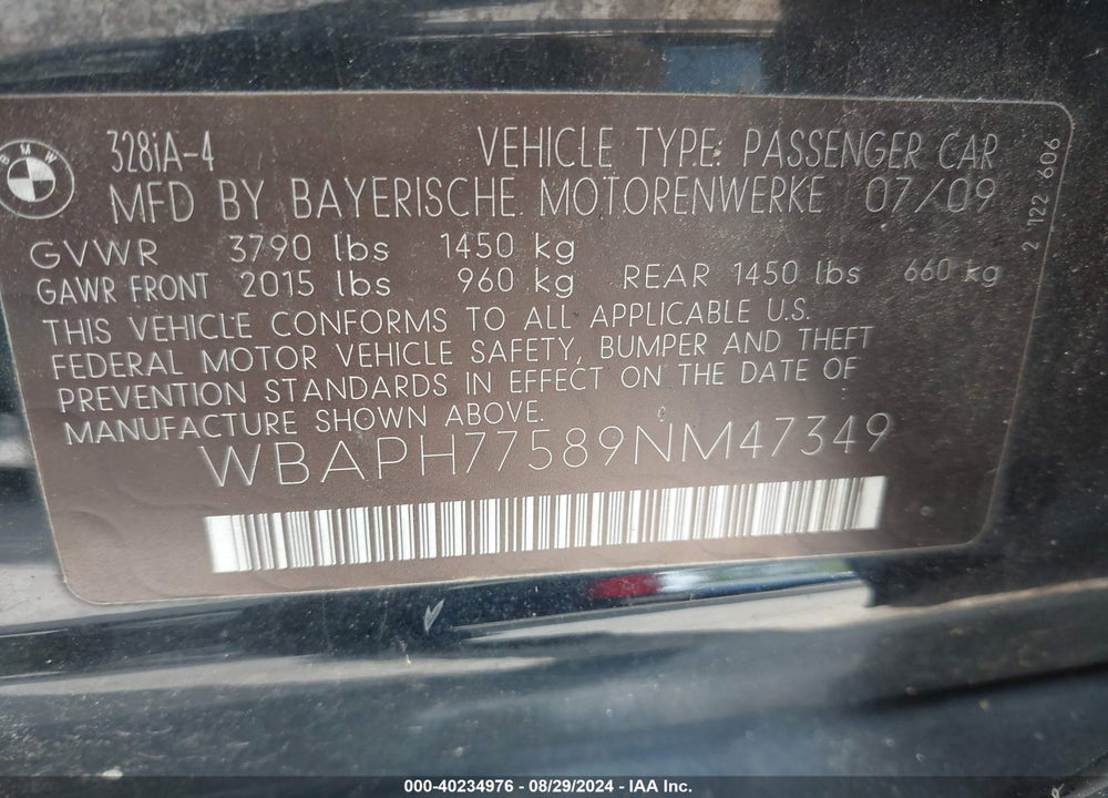 2009 BMW 328I VIN: WBAPH77589NM47349