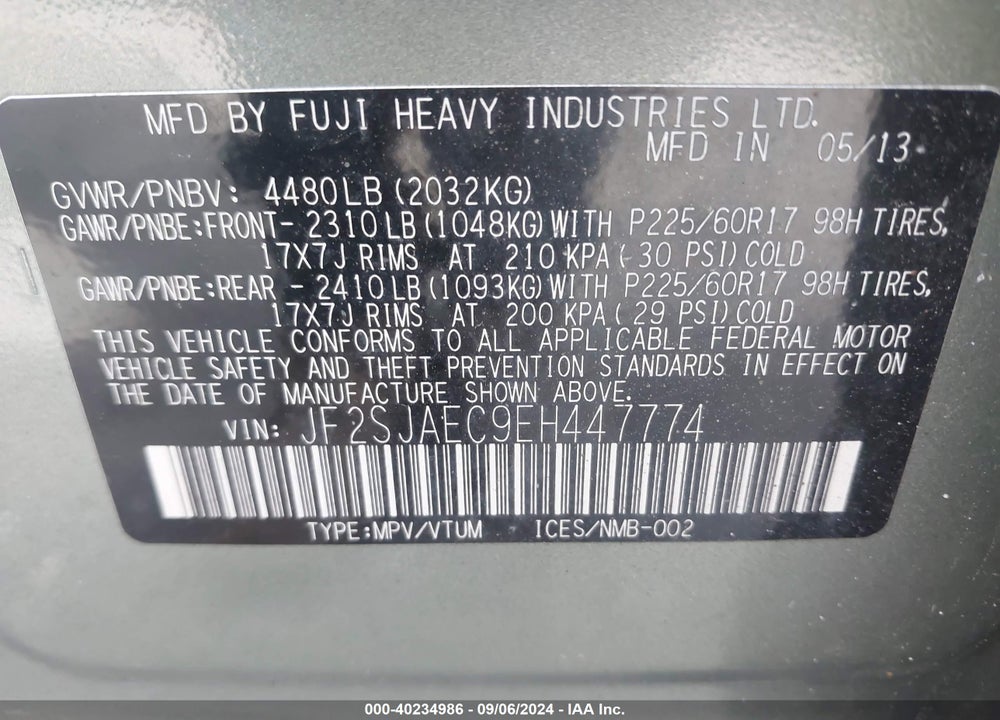 2014 SUBARU FORESTER 2.5I PREMIUM VIN: JF2SJAEC9EH447774