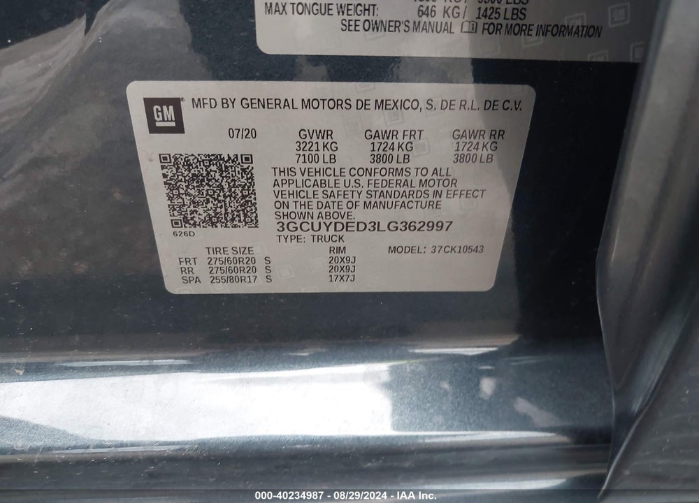 2020 CHEVROLET SILVERADO 1500 4WD SHORT BED LT VIN: 3GCUYDED3LG362997