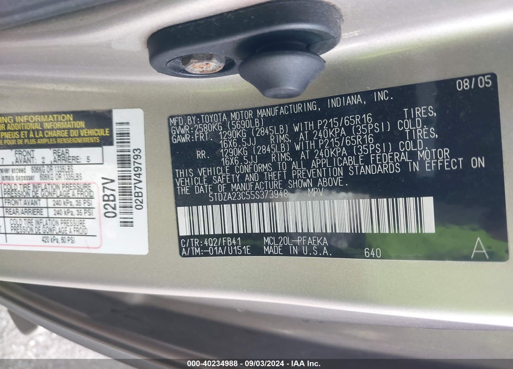 2005 TOYOTA SIENNA LE VIN: 5TDZA23C55S373948