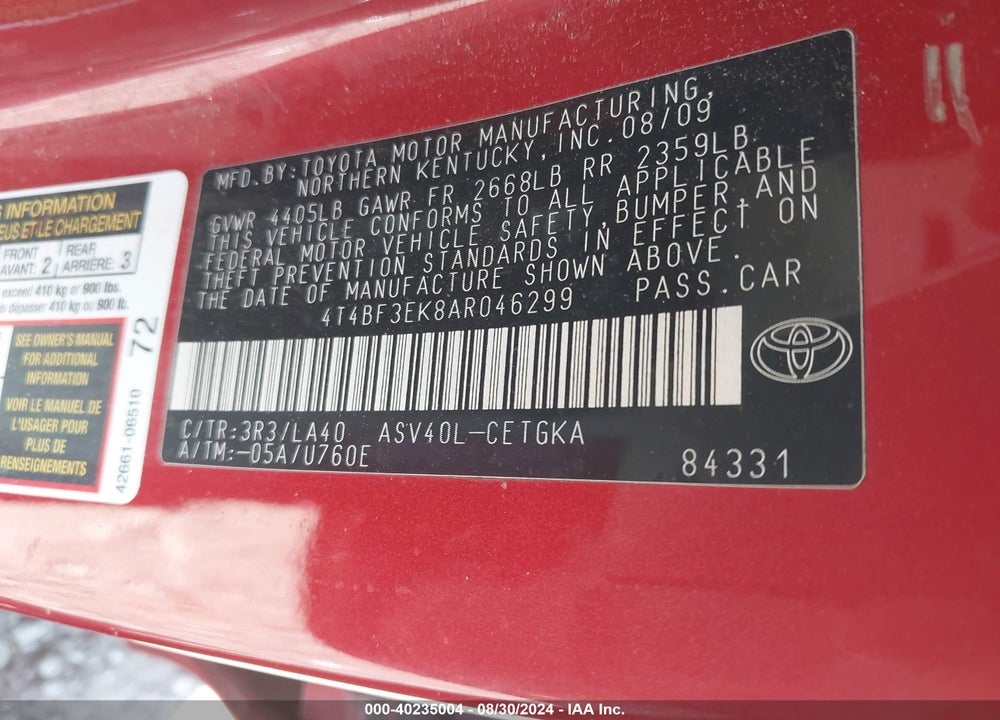 2010 TOYOTA CAMRY VIN: 4T4BF3EK8AR046299