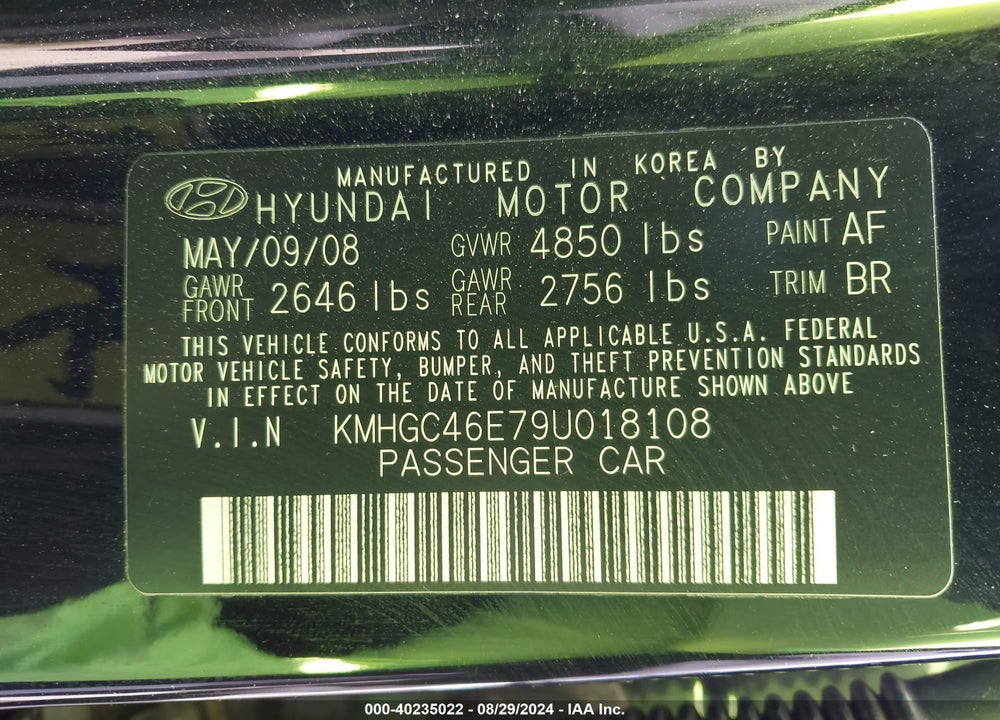 2009 HYUNDAI GENESIS 3.8 VIN: KMHGC46E79U018108