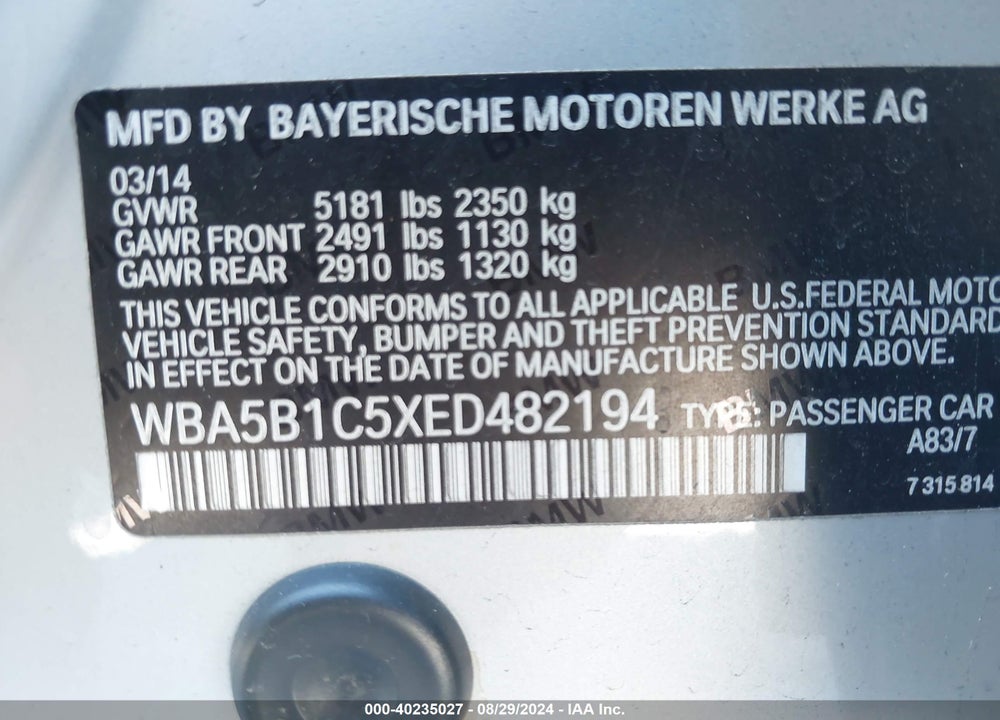 2014 BMW 535I VIN: WBA5B1C5XED482194