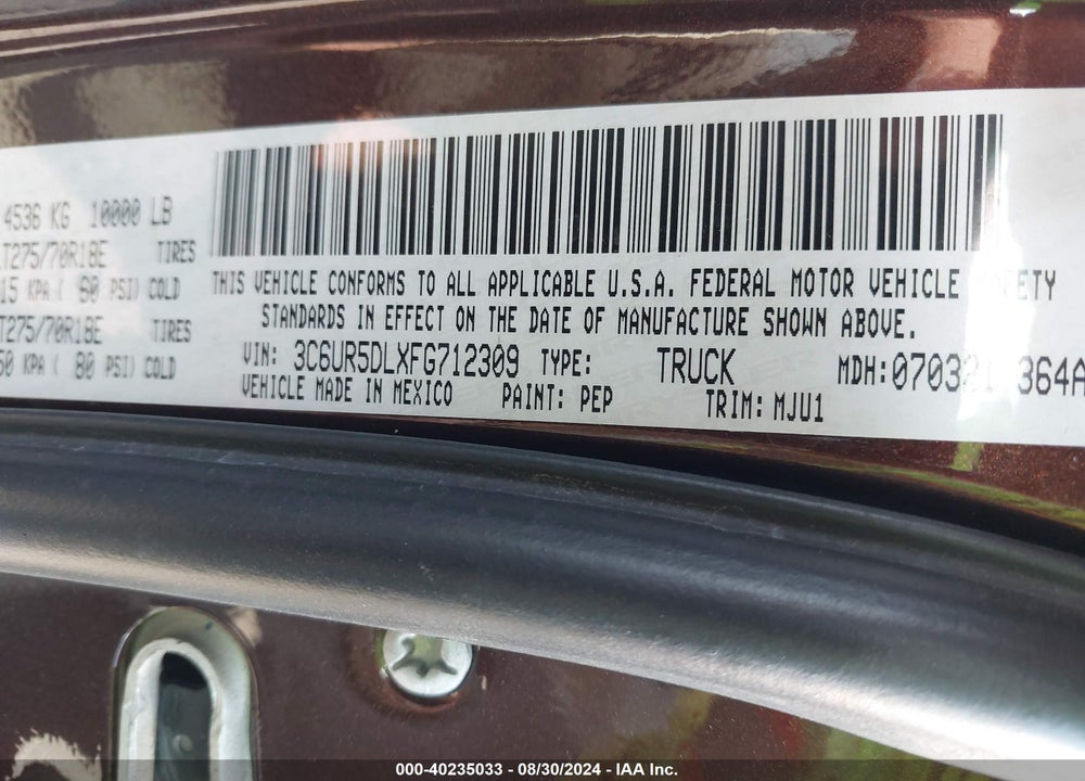 2015 RAM 2500 BIG HORN VIN: 3C6UR5DLXFG712309