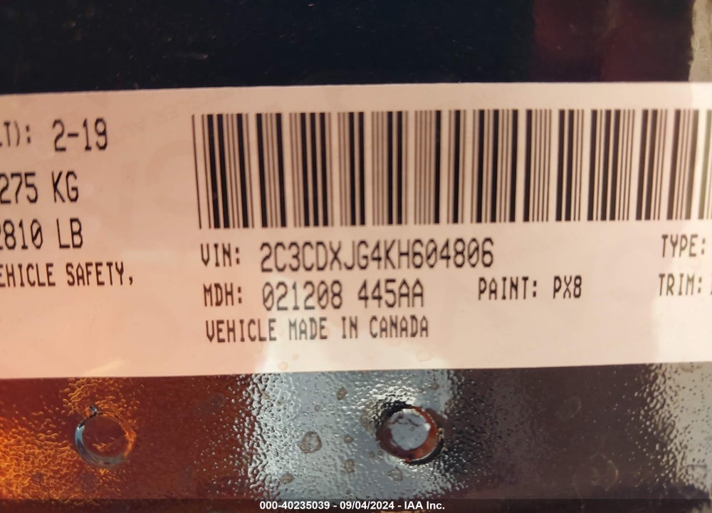 2019 DODGE CHARGER SXT AWD VIN: 2C3CDXJG4KH604806