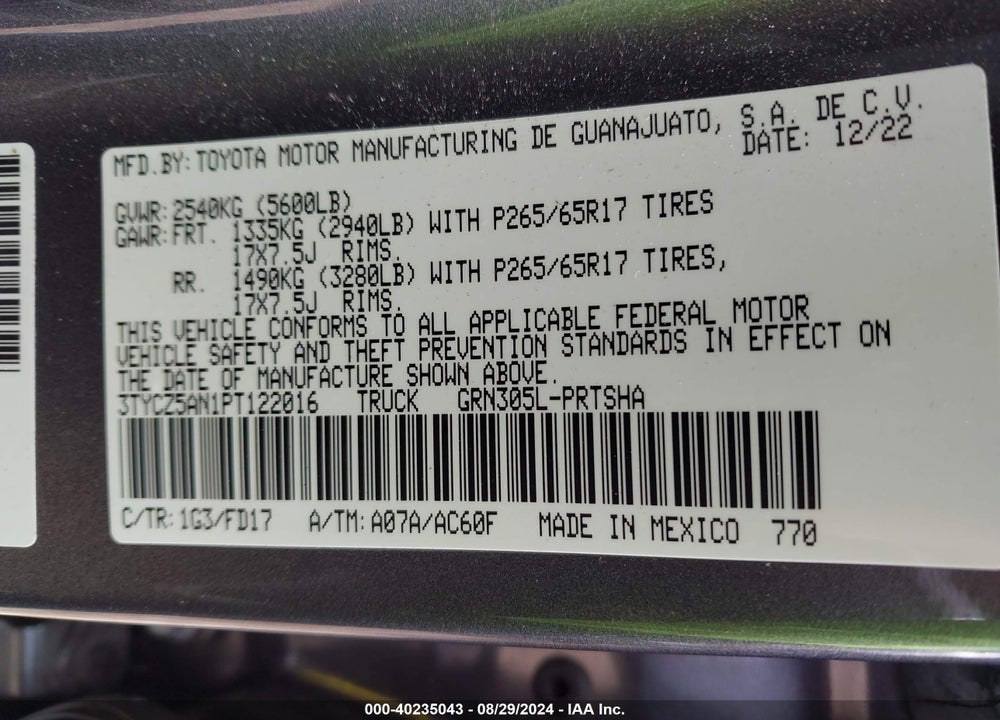 2023 TOYOTA TACOMA TRD SPORT VIN: 3TYCZ5AN1PT122016