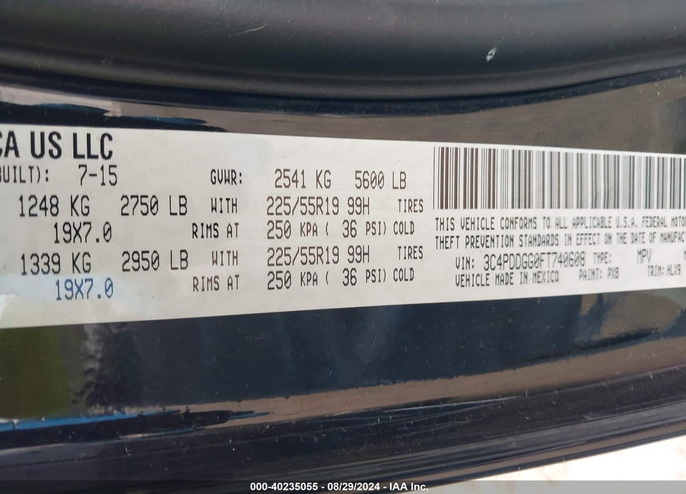 2015 DODGE JOURNEY CROSSROAD VIN: 3C4PDDGG0FT740608