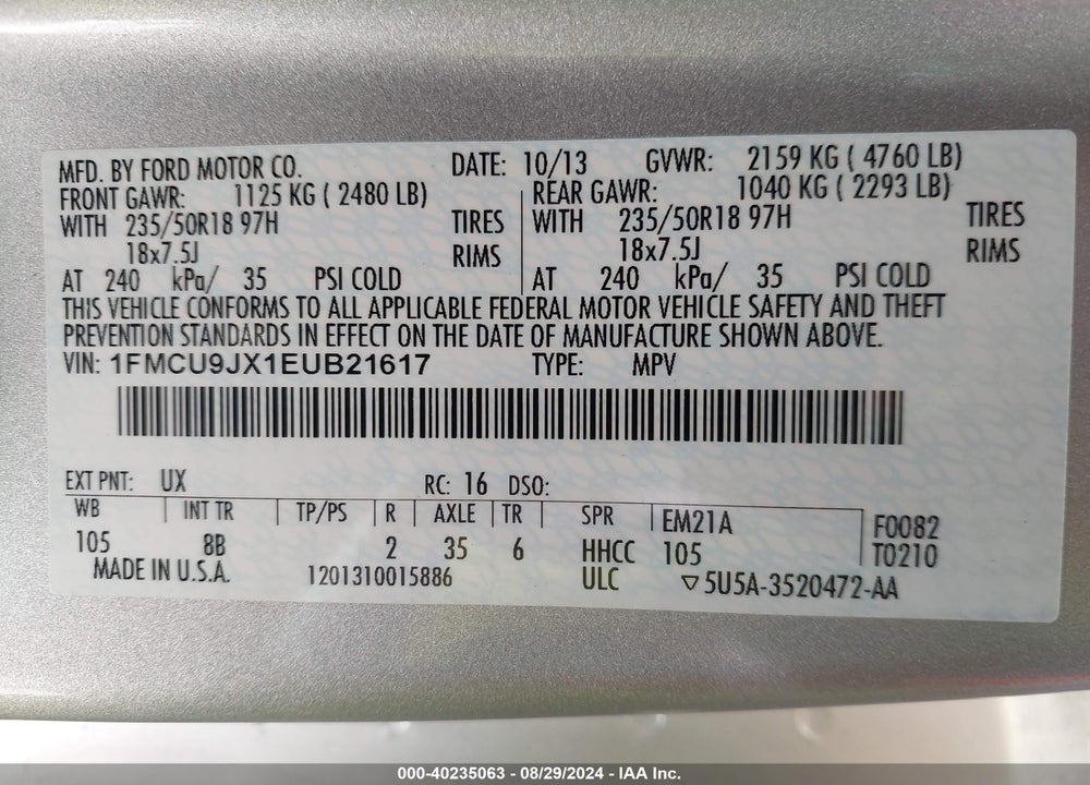 2014 FORD ESCAPE TITANIUM VIN: 1FMCU9JX1EUB21617