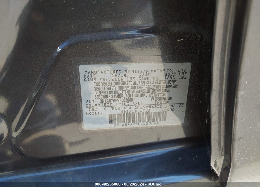 2015 NISSAN SENTRA FE+ S/S/SL/SR/SV VIN: 3N1AB7AP9FL630861