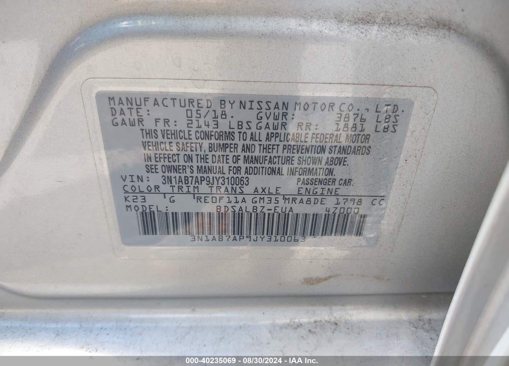 2018 NISSAN SENTRA S VIN: 3N1AB7AP9JY310063