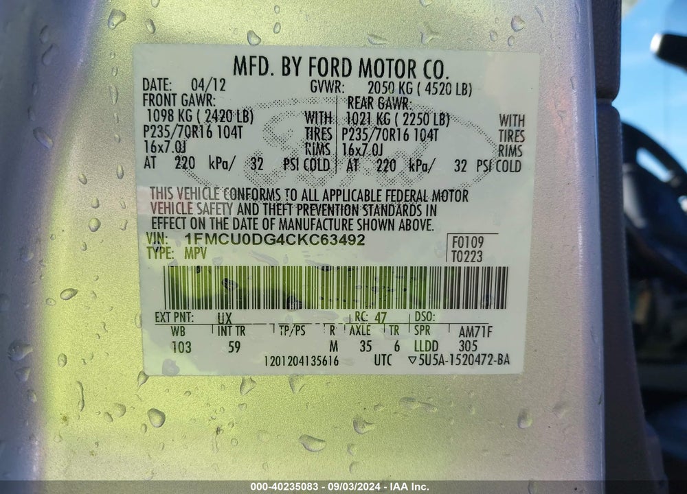 2012 FORD ESCAPE XLT VIN: 1FMCU0DG4CKC63492
