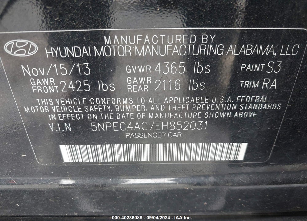 2014 HYUNDAI SONATA LIMITED VIN: 5NPEC4AC7EH852031