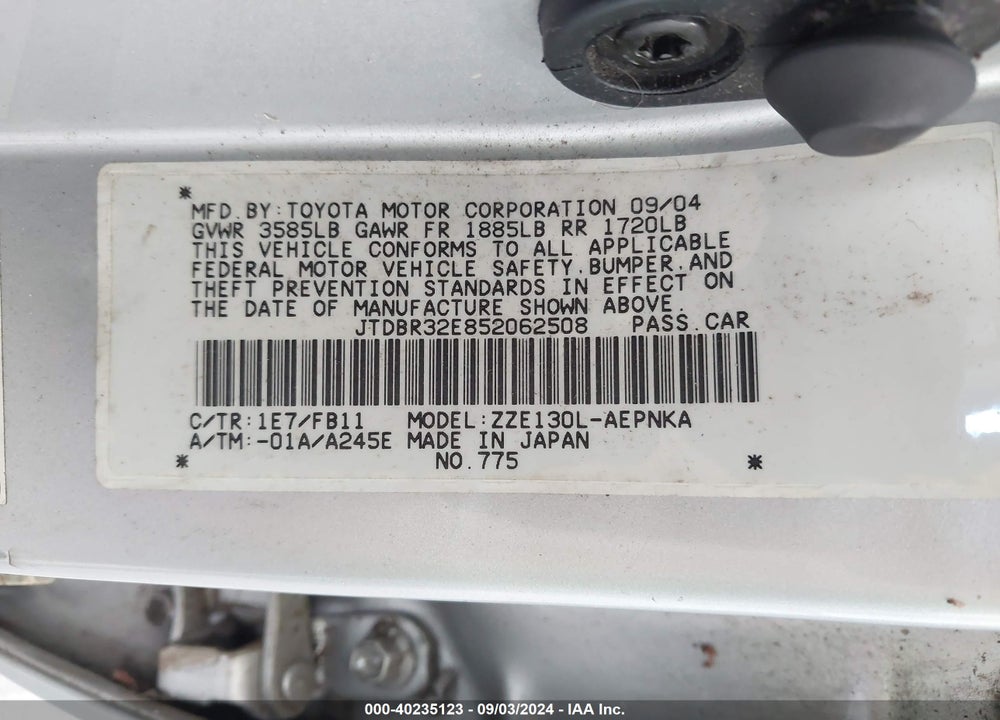2005 TOYOTA COROLLA LE VIN: JTDBR32E852062508