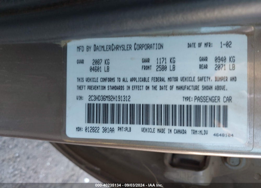 2002 CHRYSLER CONCORDE LXI VIN: 2C3HD36M92H191312