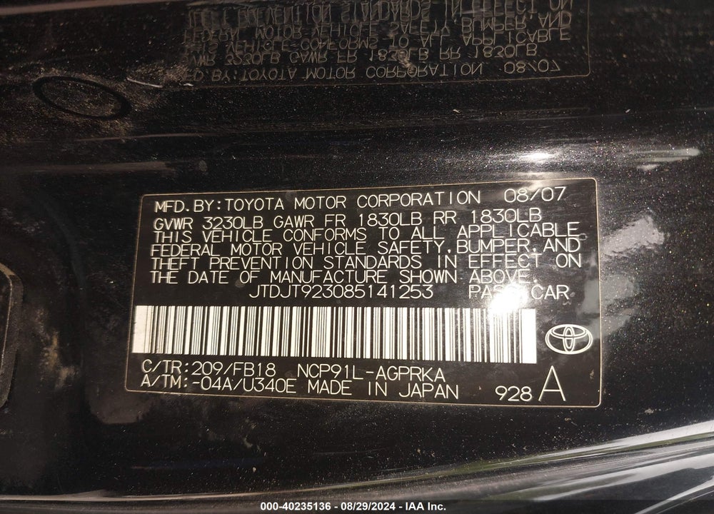 2008 TOYOTA YARIS VIN: JTDJT923085141253