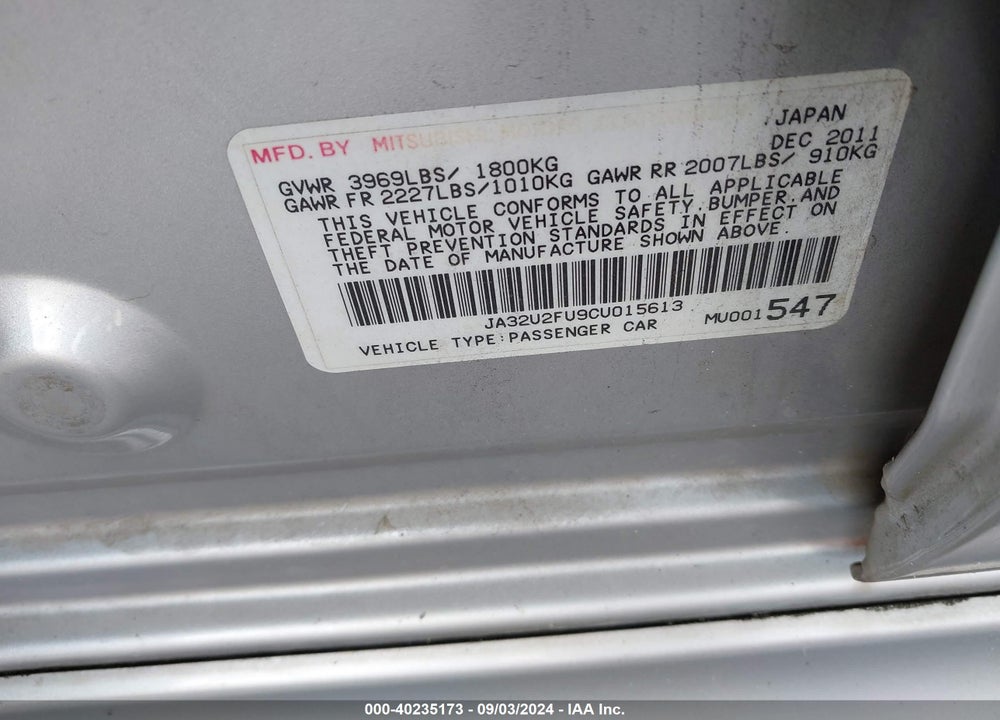 2012 MITSUBISHI LANCER ES VIN: JA32U2FU9CU015613