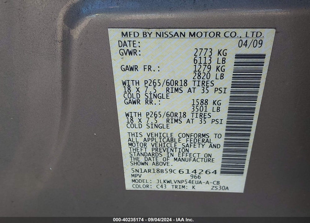 2009 NISSAN PATHFINDER LE VIN: 5N1AR18B59C614264