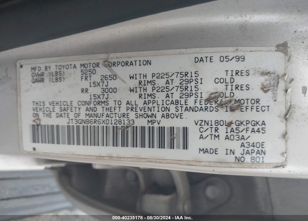 1999 TOYOTA 4RUNNER SR5 V6 VIN: JT3GN86R6X0128133