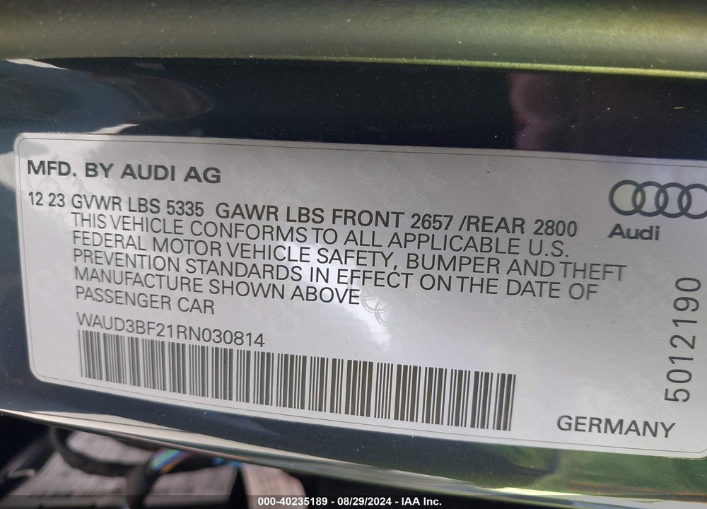 2024 AUDI A6 PREMIUM 45 TFSI QUATTRO S TRONIC VIN: WAUD3BF21RN030814