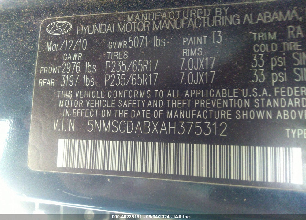 2010 HYUNDAI SANTA FE GLS VIN: 5NMSGDABXAH375312