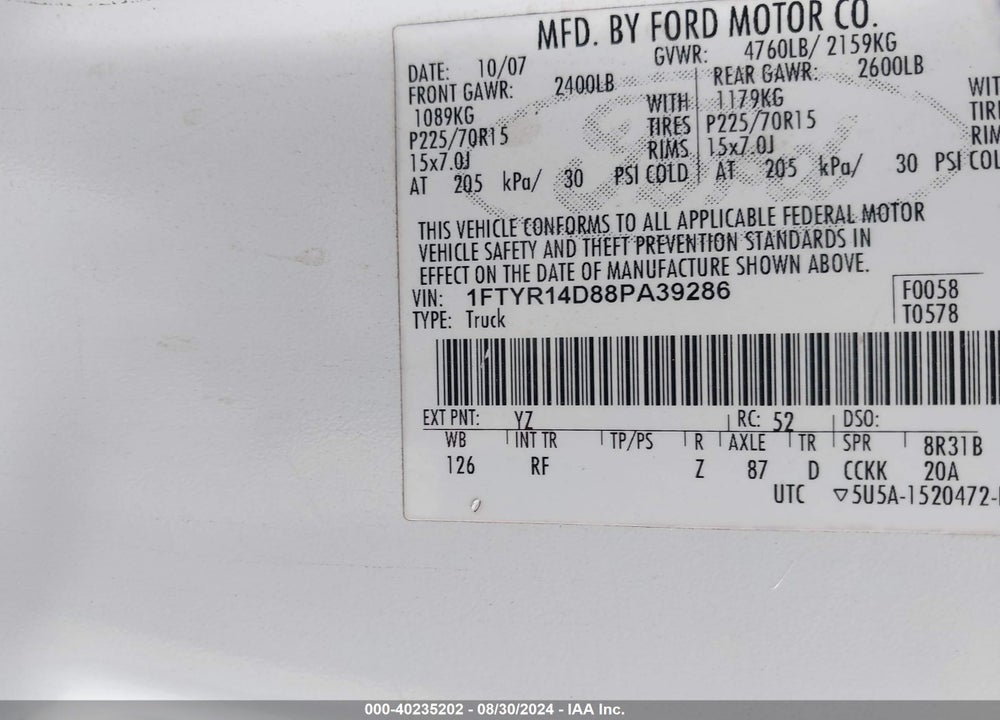 2008 FORD RANGER XL/XLT VIN: 1FTYR14D88PA39286