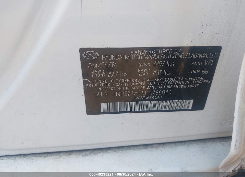 2019 HYUNDAI SONATA SE VIN: 5NPE24AF5KH788046