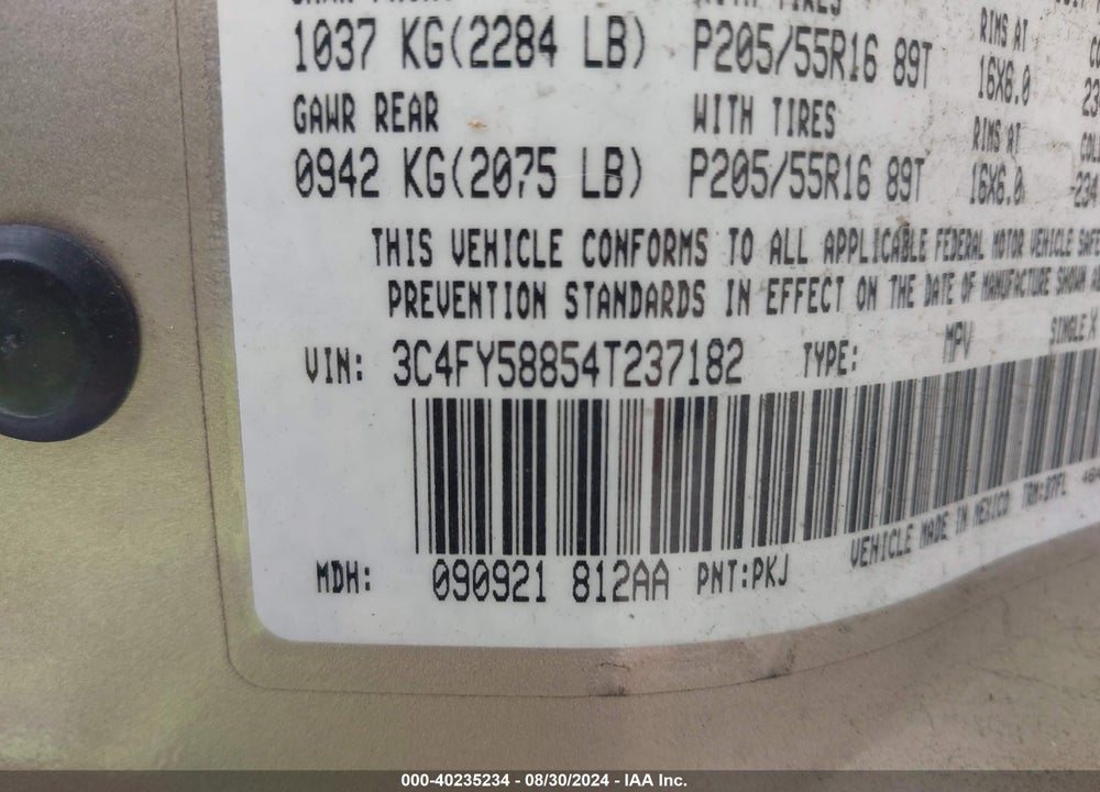 2004 CHRYSLER PT CRUISER TOURING VIN: 3C4FY58854T237182