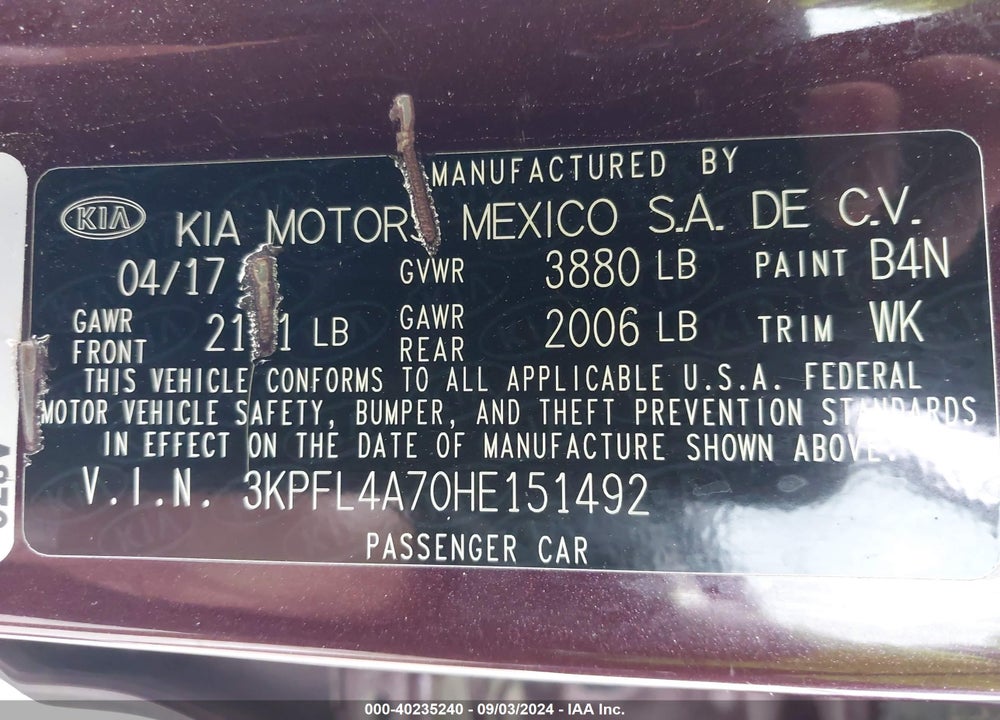 2017 KIA FORTE LX VIN: 3KPFL4A70HE151492
