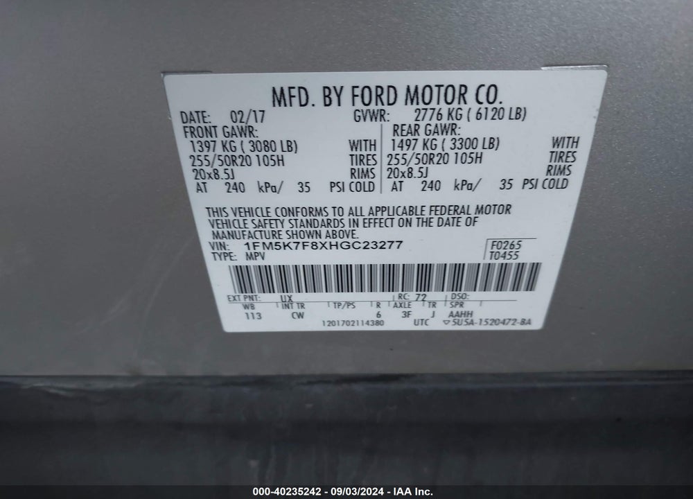 2017 FORD EXPLORER LIMITED VIN: 1FM5K7F8XHGC23277
