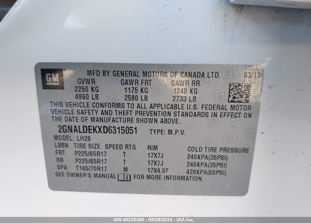 2013 CHEVROLET EQUINOX 1LT VIN: 2GNALDEKXD6315051