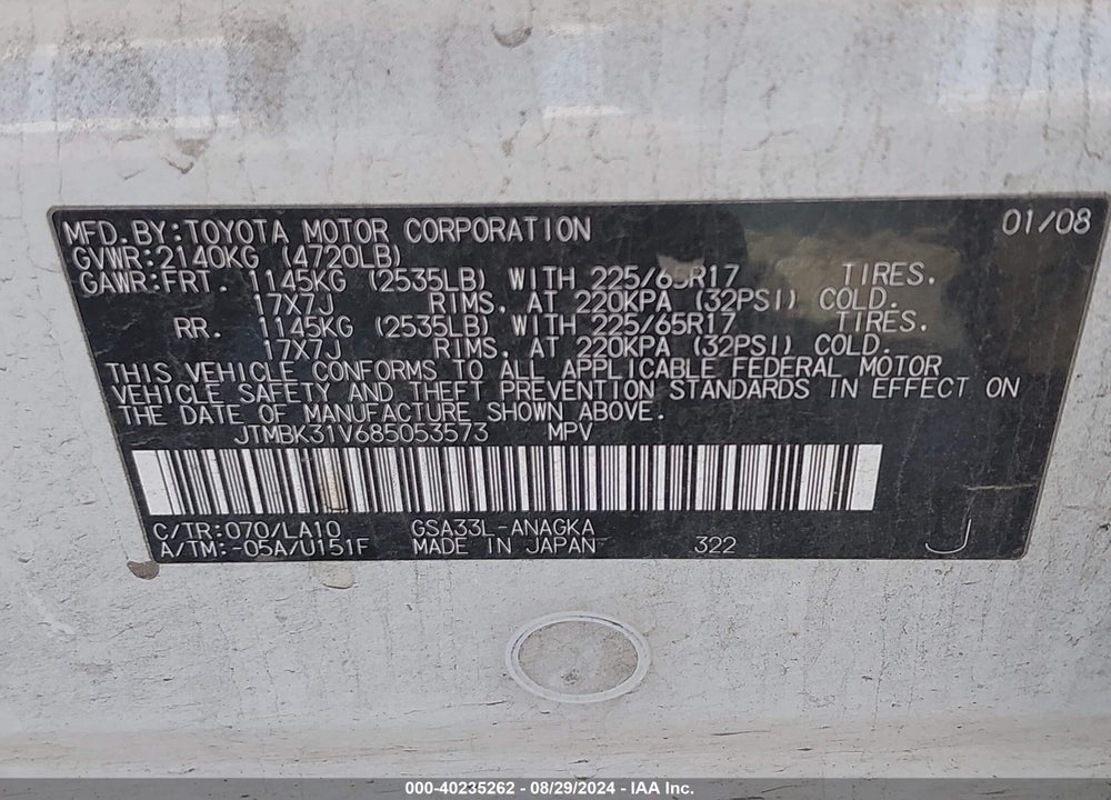2008 TOYOTA RAV4 LIMITED V6 VIN: JTMBK31V685053573