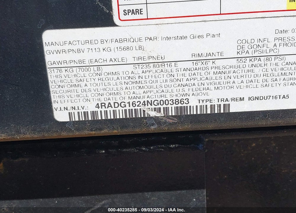 2022 INTERSTATE TRAILER GOOSENECK UTILITY VIN: 4RADG1624NG003863