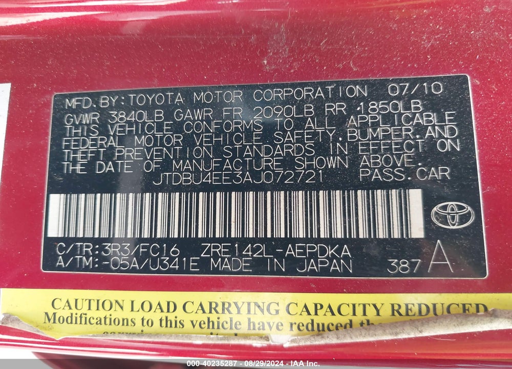 2010 TOYOTA COROLLA LE VIN: JTDBU4EE3AJ072721
