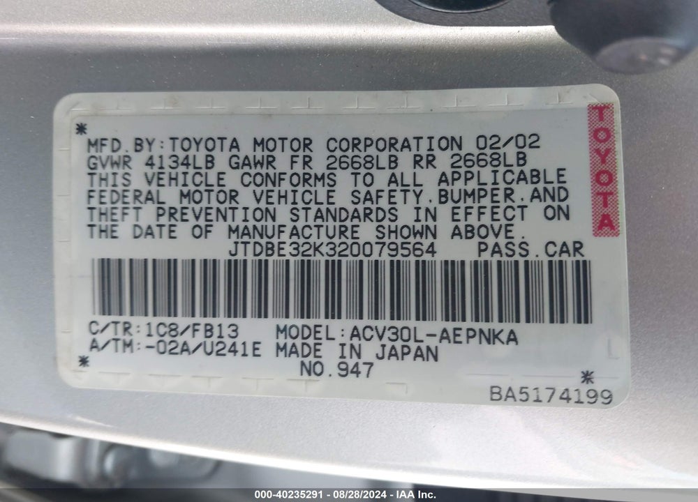 2002 TOYOTA CAMRY LE VIN: JTDBE32K320079564