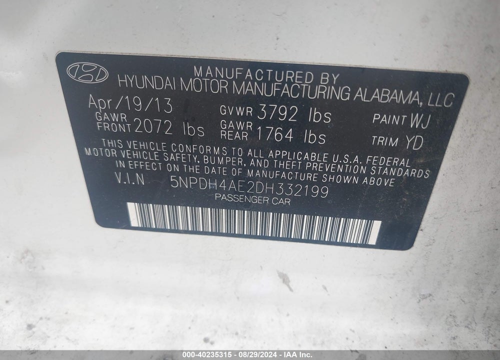 2013 HYUNDAI ELANTRA GLS VIN: 5NPDH4AE2DH332199